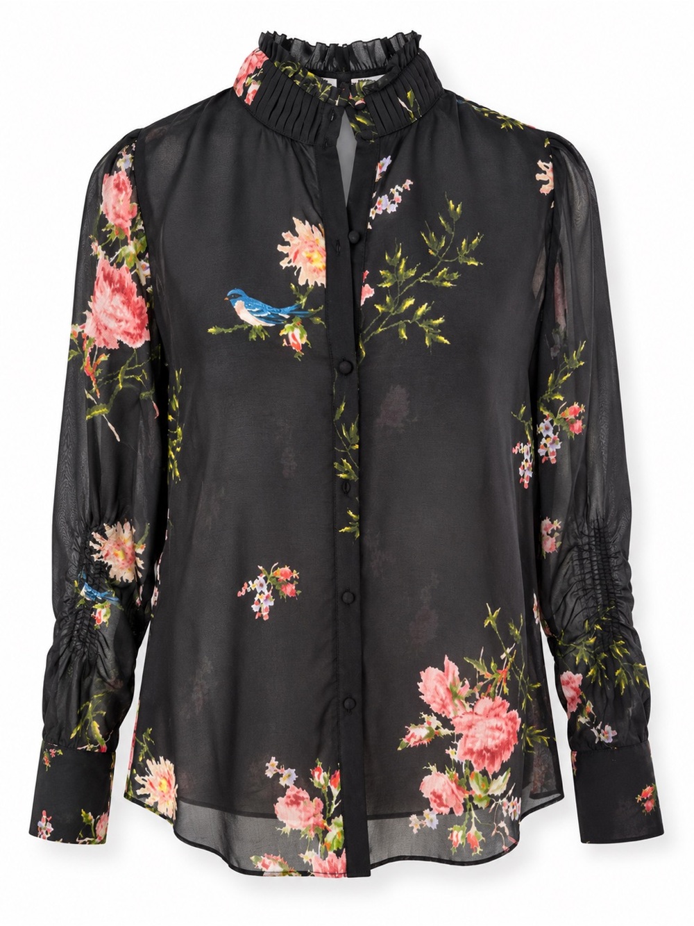 Joie Black Sheer Floral Blouse with Ruffle Collar